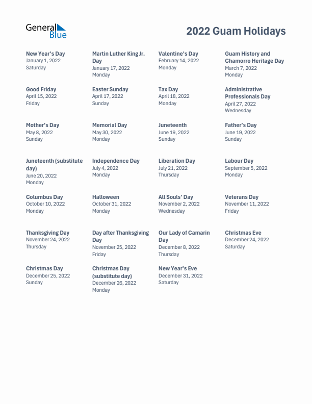 Free printable list of Guam holidays for year 2022