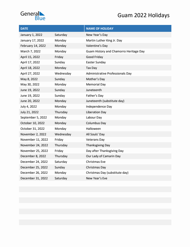 Free printable list of Guam holidays for year 2022