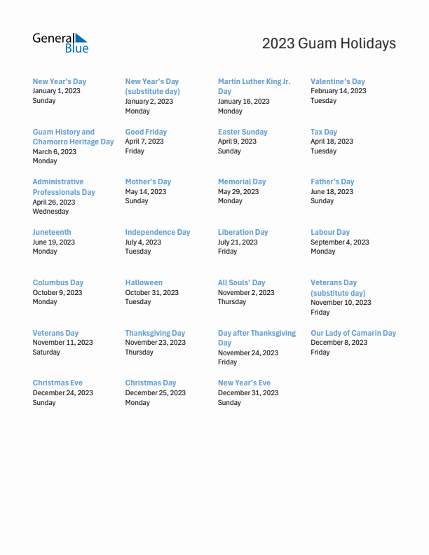 Free printable list of Guam holidays for year 2023