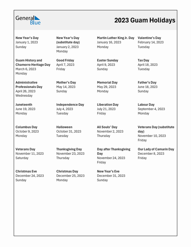 Free printable list of Guam holidays for year 2023