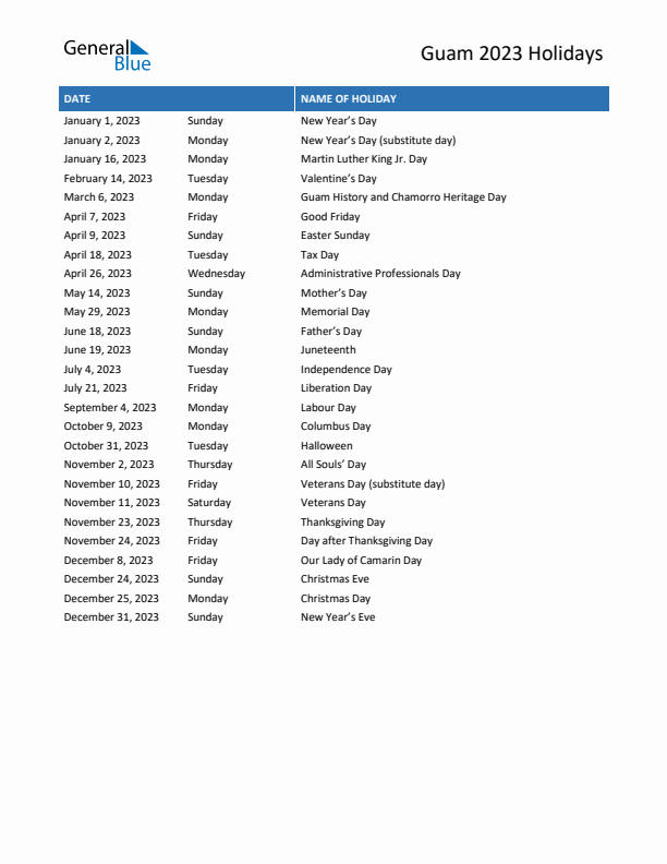 Free printable list of Guam holidays for year 2023