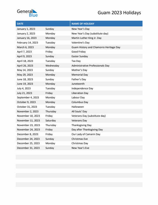 Free printable list of Guam holidays for year 2023