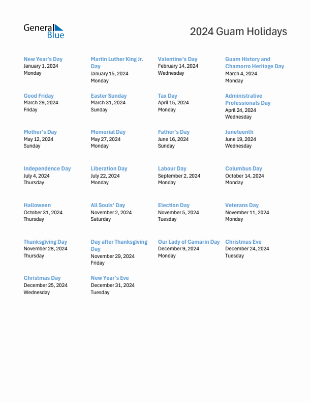 Free printable list of Guam holidays for year 2024