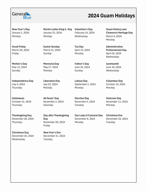 Free printable list of Guam holidays for year 2024