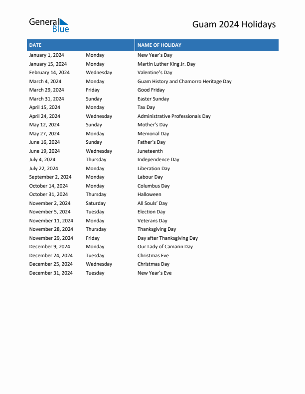 Free printable list of Guam holidays for year 2024