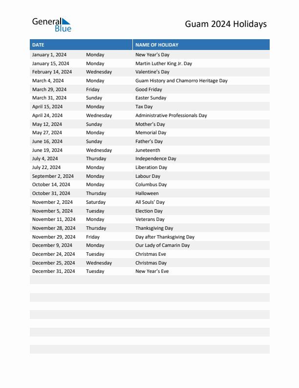 Free printable list of Guam holidays for year 2024