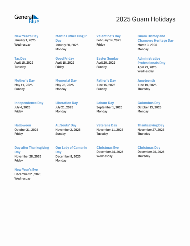 Free printable list of Guam holidays for year 2025