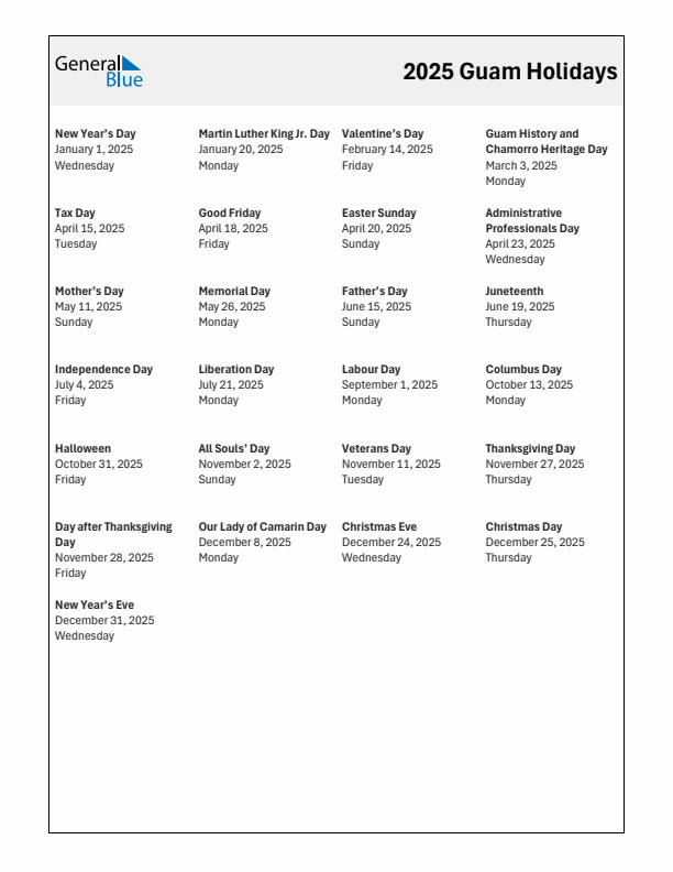 Free printable list of Guam holidays for year 2025