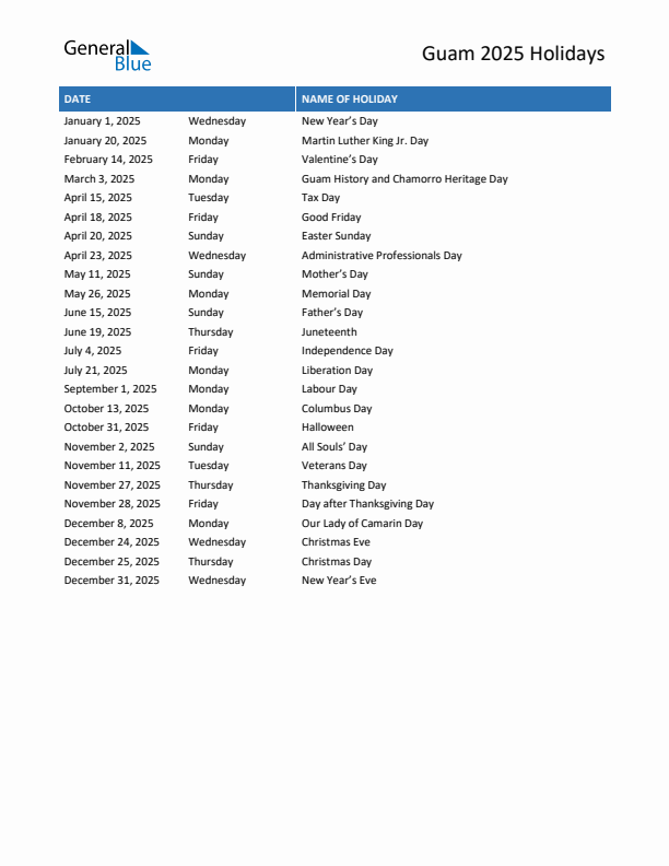 Free printable list of Guam holidays for year 2025