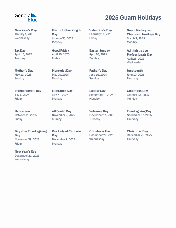 Free printable list of Guam holidays for year 2025