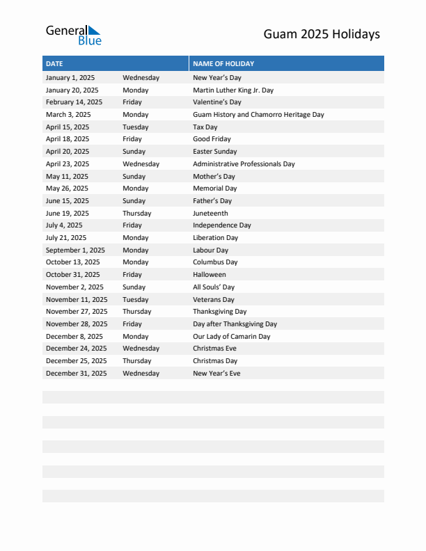 Free printable list of Guam holidays for year 2025