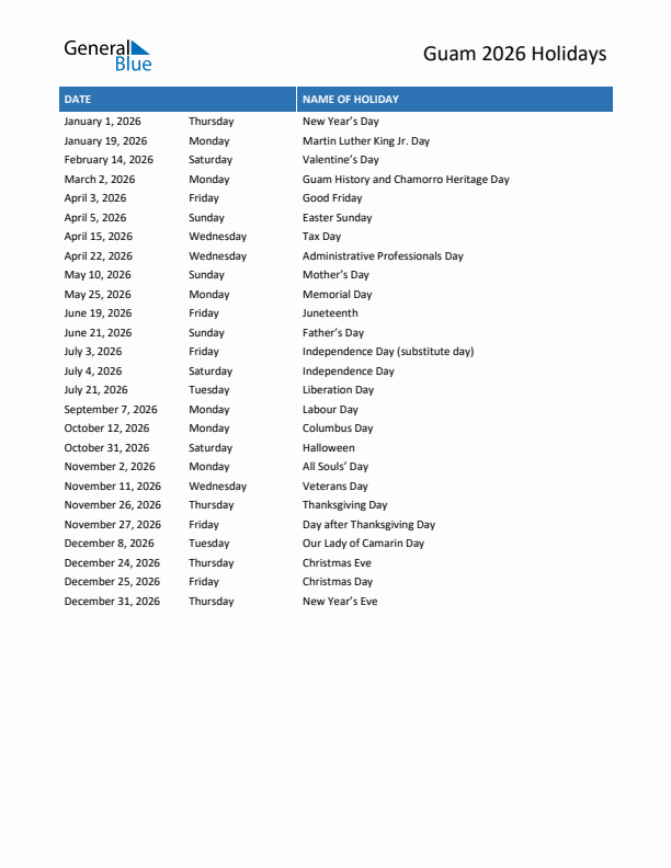 Free printable list of Guam holidays for year 2026