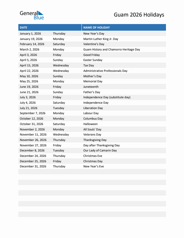 Free printable list of Guam holidays for year 2026