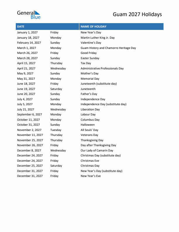 Free printable list of Guam holidays for year 2027