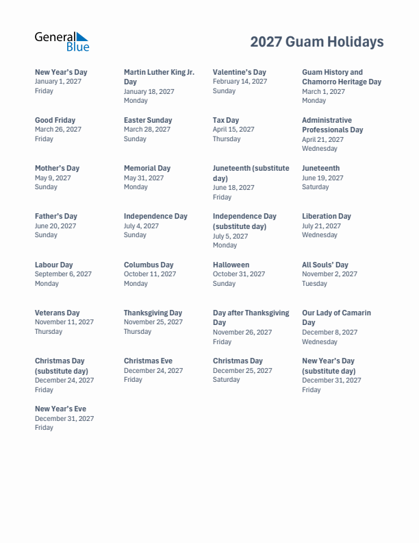 Free printable list of Guam holidays for year 2027