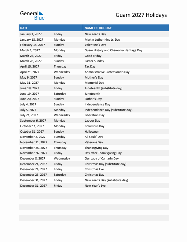 Free printable list of Guam holidays for year 2027