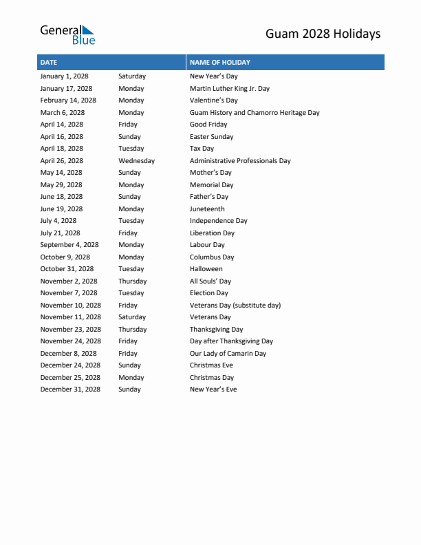 Free printable list of Guam holidays for year 2028