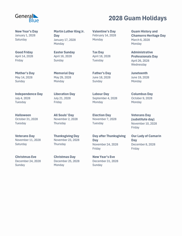 Free printable list of Guam holidays for year 2028