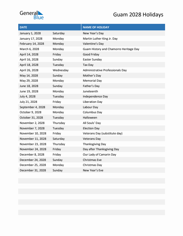 Free printable list of Guam holidays for year 2028