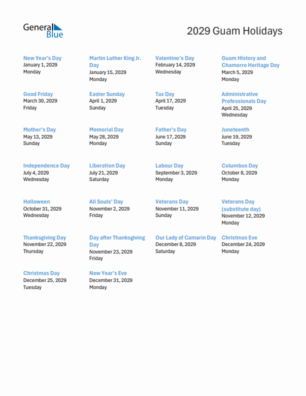 Free printable list of Guam holidays for year 2029