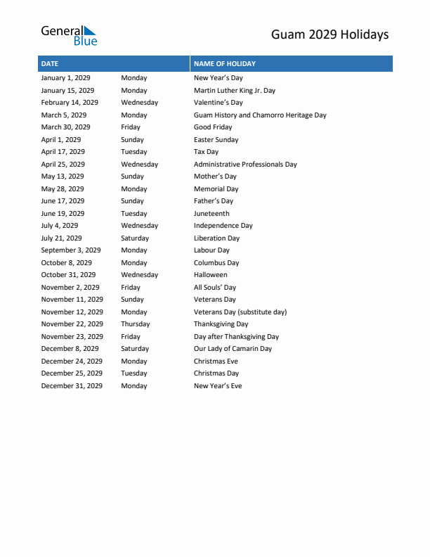 Free printable list of Guam holidays for year 2029