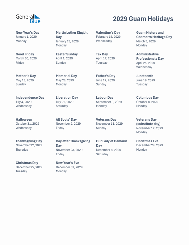 Free printable list of Guam holidays for year 2029