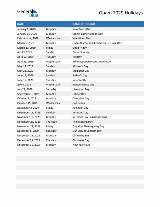 Free printable list of Guam holidays for year 2029