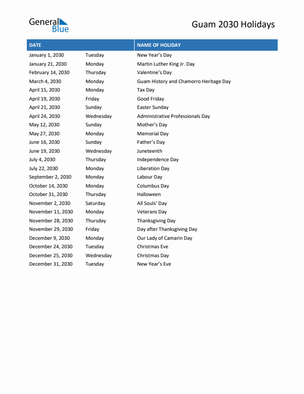 Free printable list of Guam holidays for year 2030