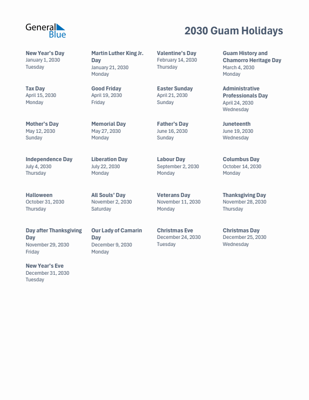 Free printable list of Guam holidays for year 2030