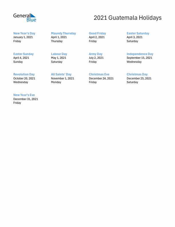 Free printable list of Guatemala holidays for year 2021