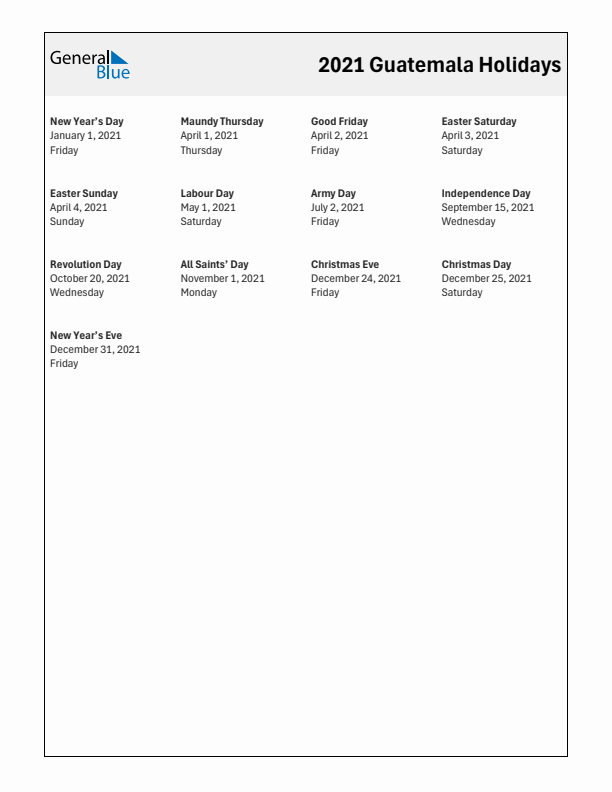 Free printable list of Guatemala holidays for year 2021