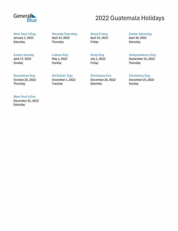 Free printable list of Guatemala holidays for year 2022