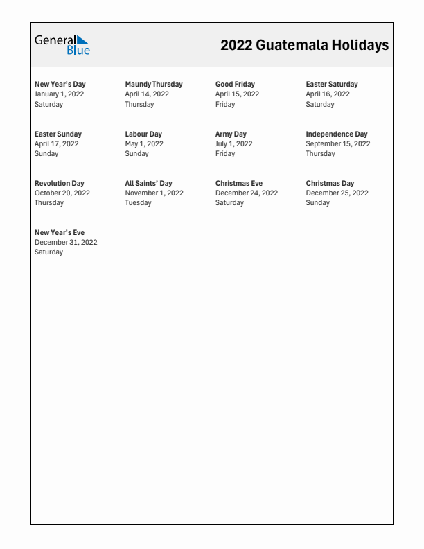 Free printable list of Guatemala holidays for year 2022