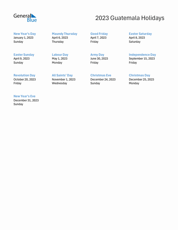 Free printable list of Guatemala holidays for year 2023