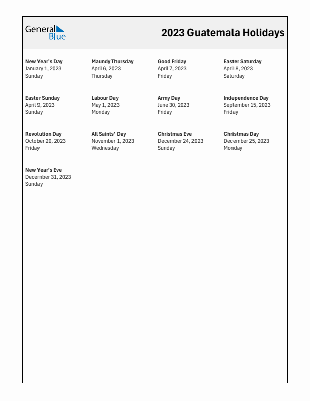 Free printable list of Guatemala holidays for year 2023