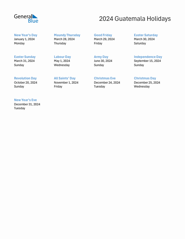 Free printable list of Guatemala holidays for year 2024