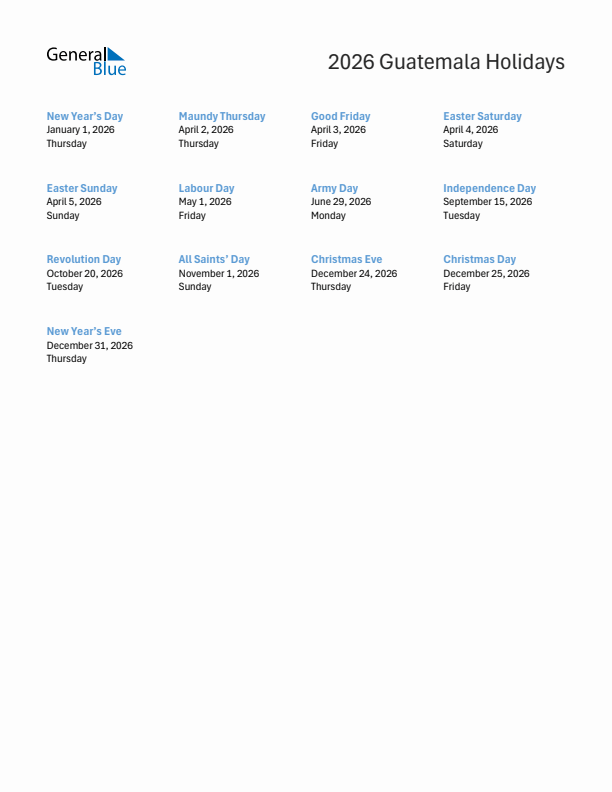 Free printable list of Guatemala holidays for year 2026