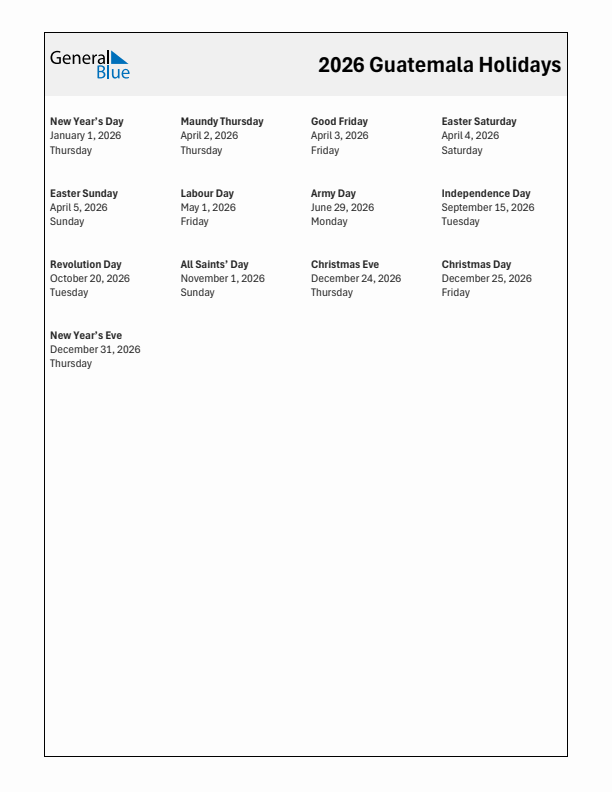 Free printable list of Guatemala holidays for year 2026