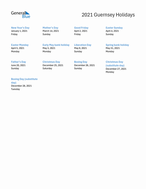 Free printable list of Guernsey holidays for year 2021