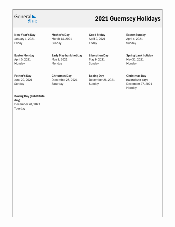 Free printable list of Guernsey holidays for year 2021