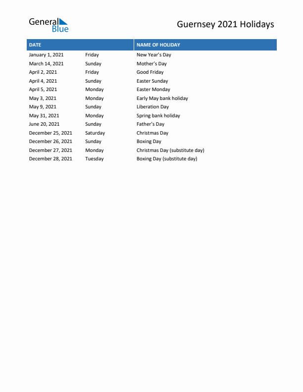 Free printable list of Guernsey holidays for year 2021