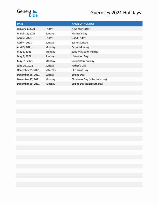 Free printable list of Guernsey holidays for year 2021