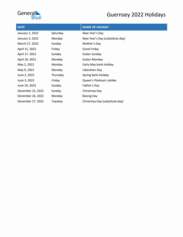 Free printable list of Guernsey holidays for year 2022