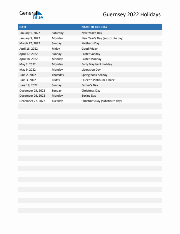 Free printable list of Guernsey holidays for year 2022