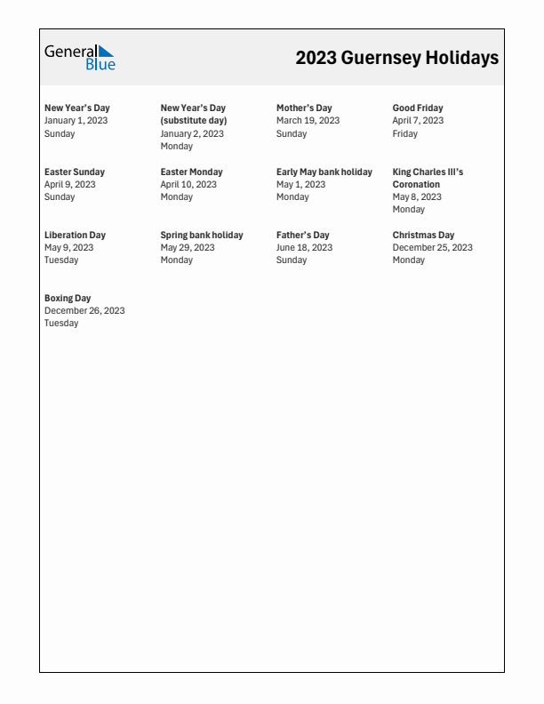 Free printable list of Guernsey holidays for year 2023