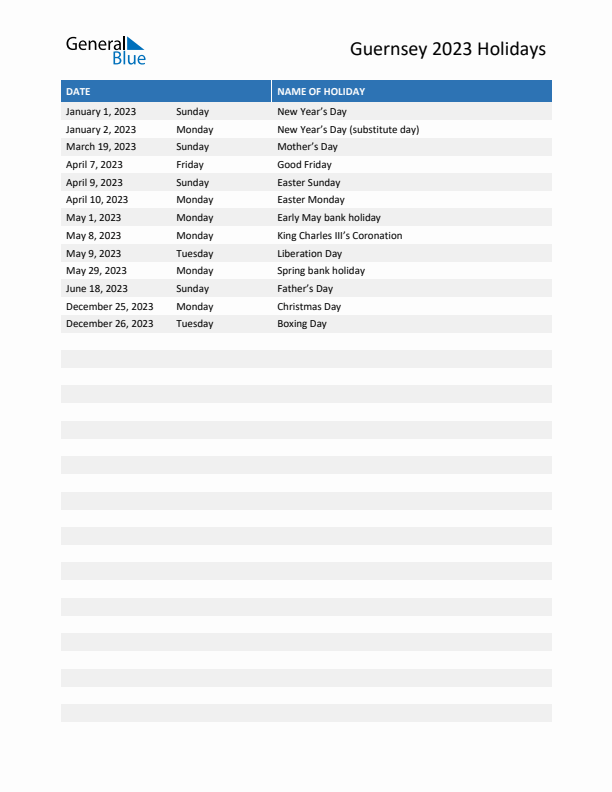 Free printable list of Guernsey holidays for year 2023