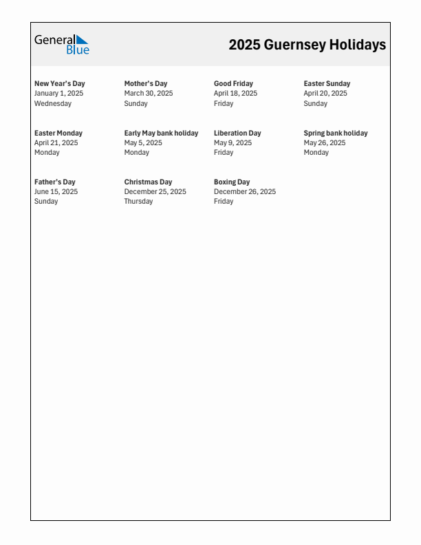 Free printable list of Guernsey holidays for year 2025