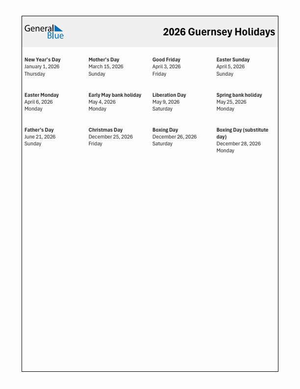 Free printable list of Guernsey holidays for year 2026