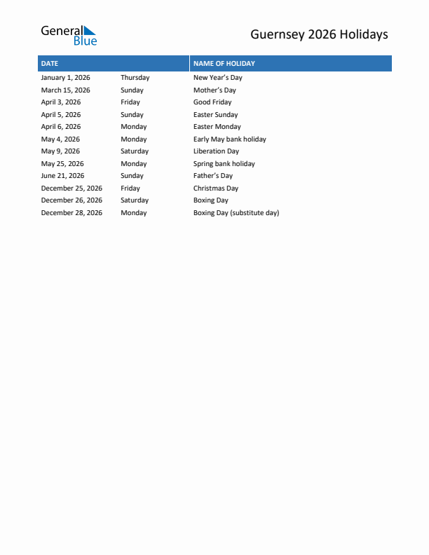 Free printable list of Guernsey holidays for year 2026