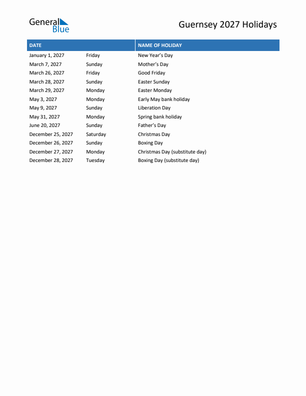 Free printable list of Guernsey holidays for year 2027